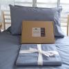 SleepFROG blue flat sheet on bed with box packaging