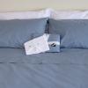 SleepFROG blue flat sheet on bed with blue & white pillows 